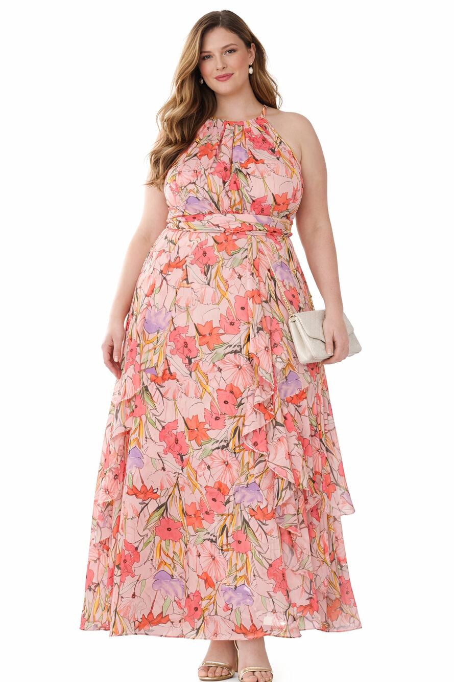 R&M Richards Floral Halter Maxi Formal Dress Coral Lavender Womens Size 14W New
